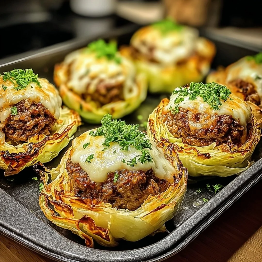 Oven-baked cabbage burgers served on a plate with fresh toppings and buns.