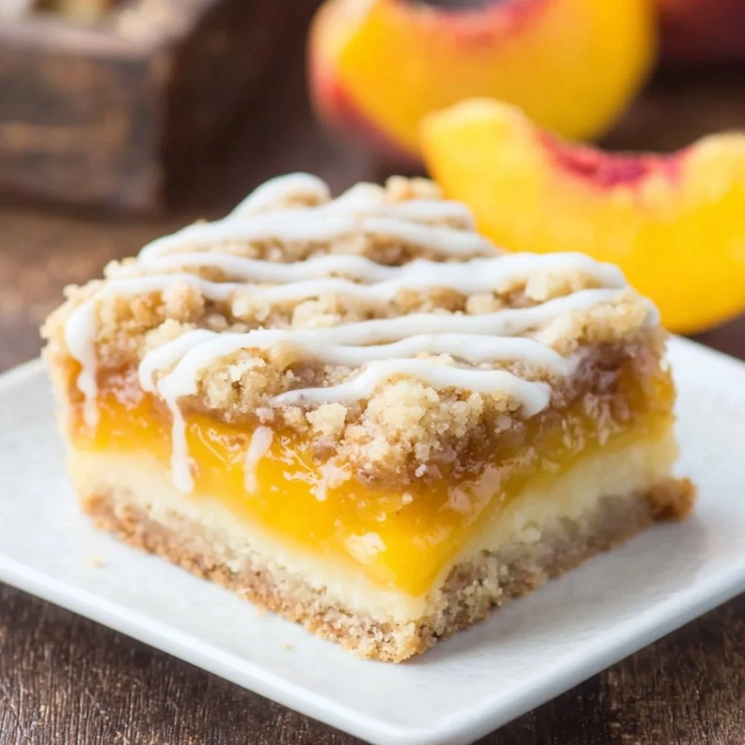 Peach pie crumble bars with juicy peach filling and crumbly topping