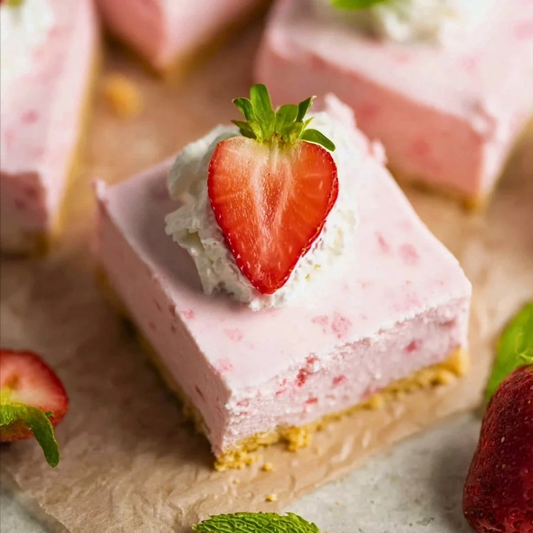 Delicious homemade Strawberry Cheesecake Bars with a graham cracker crust and fresh strawberries.