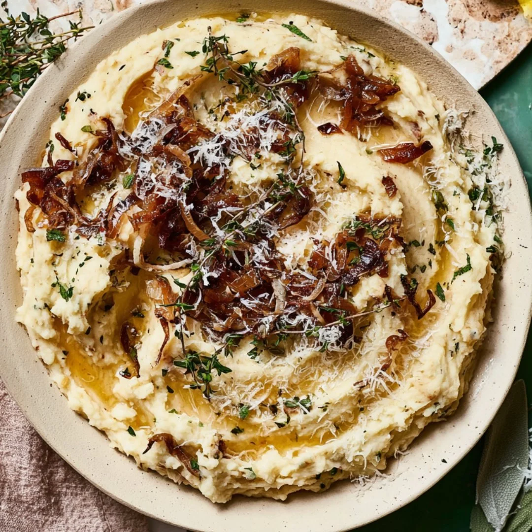Delicious bowl of caramelized onion mashed potatoes topped with herbs