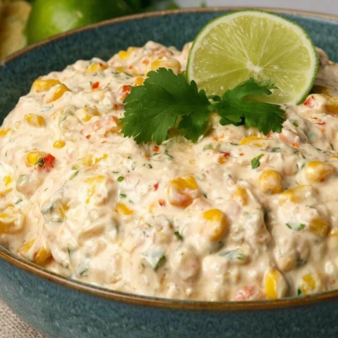 Delicious Crock Pot Street Corn Dip served in a bowl with toppings.
