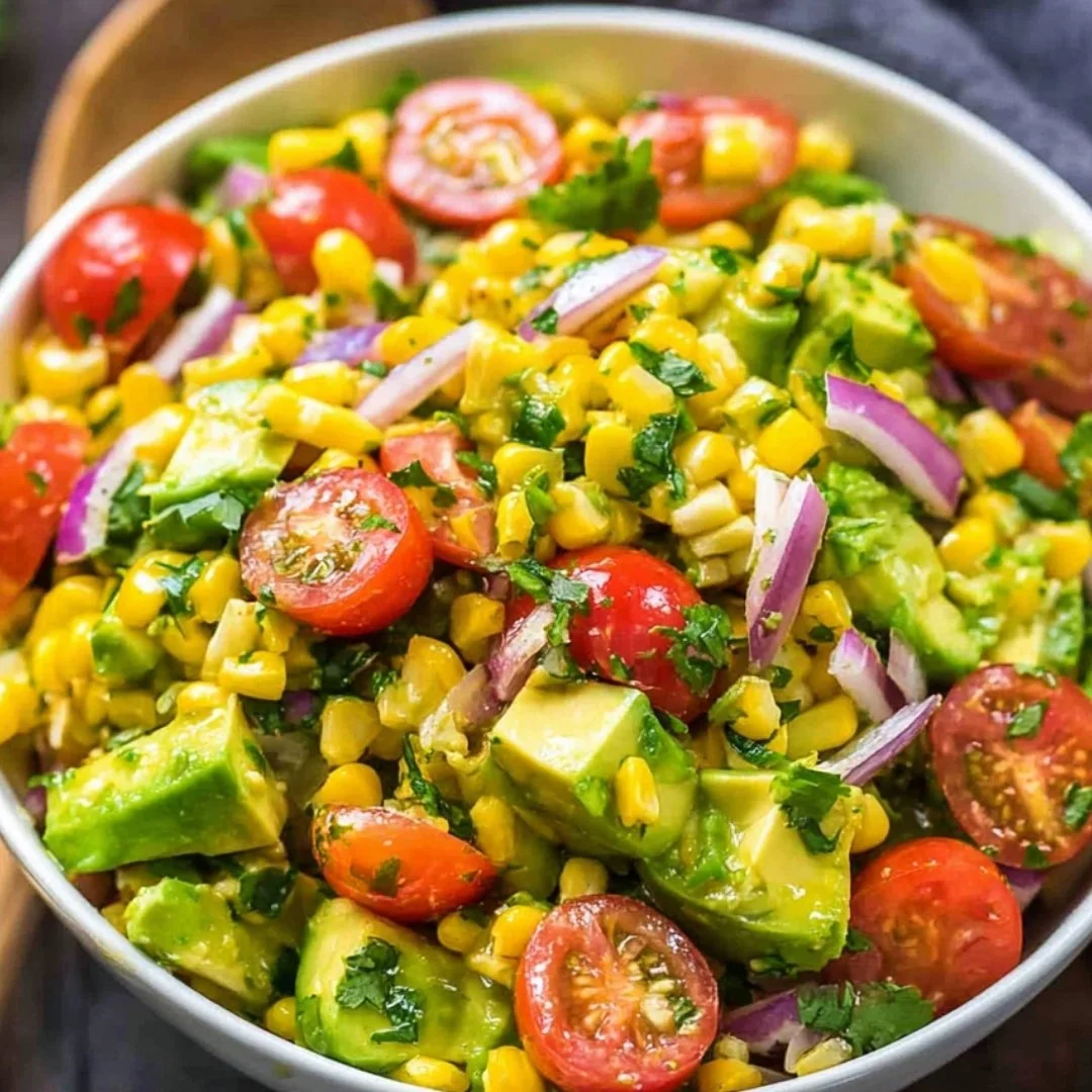 Delicious fresh corn salad with vibrant vegetables and herbs
