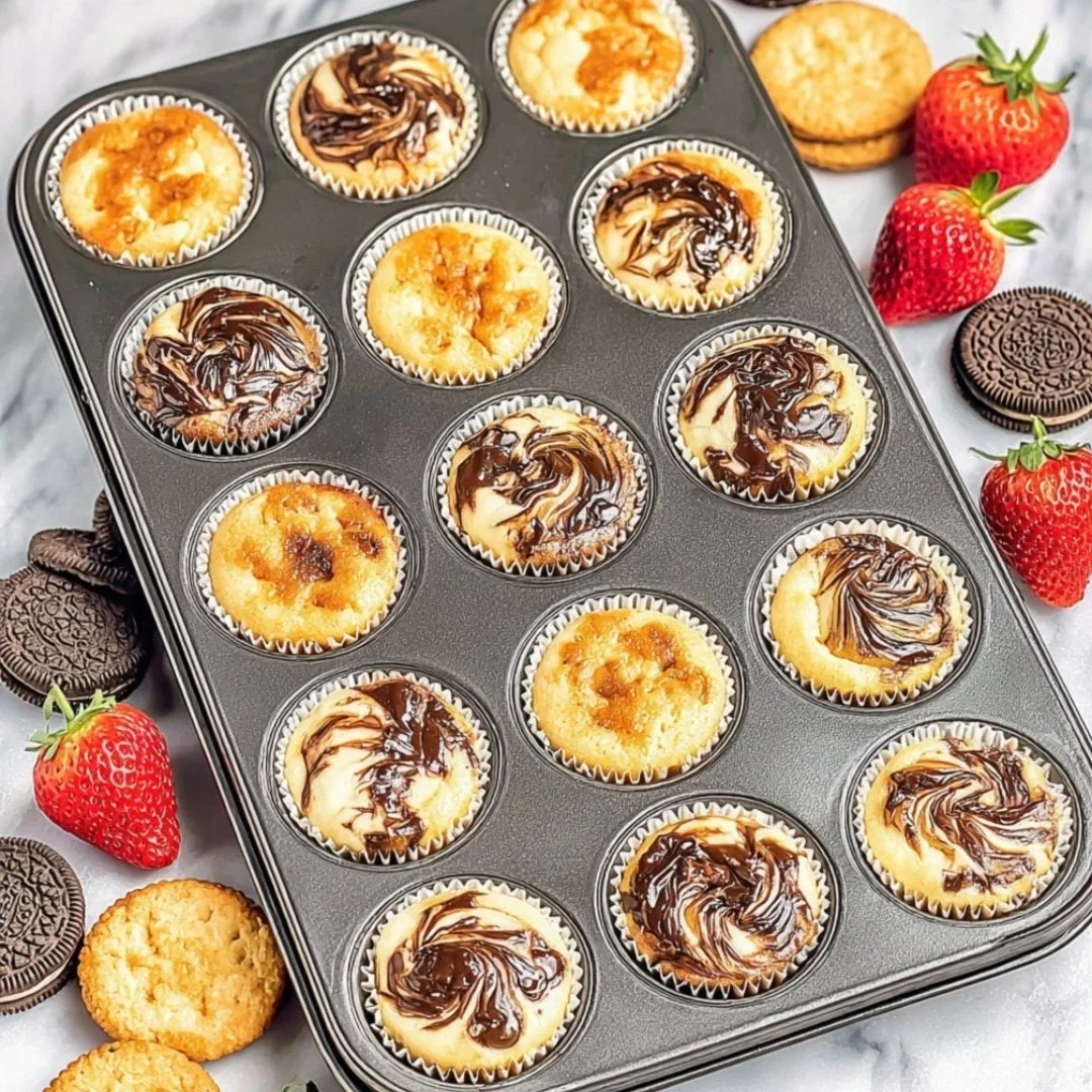 Fudge swirled Oreo bottom cheesecake cupcakes topped with chocolate drizzle.