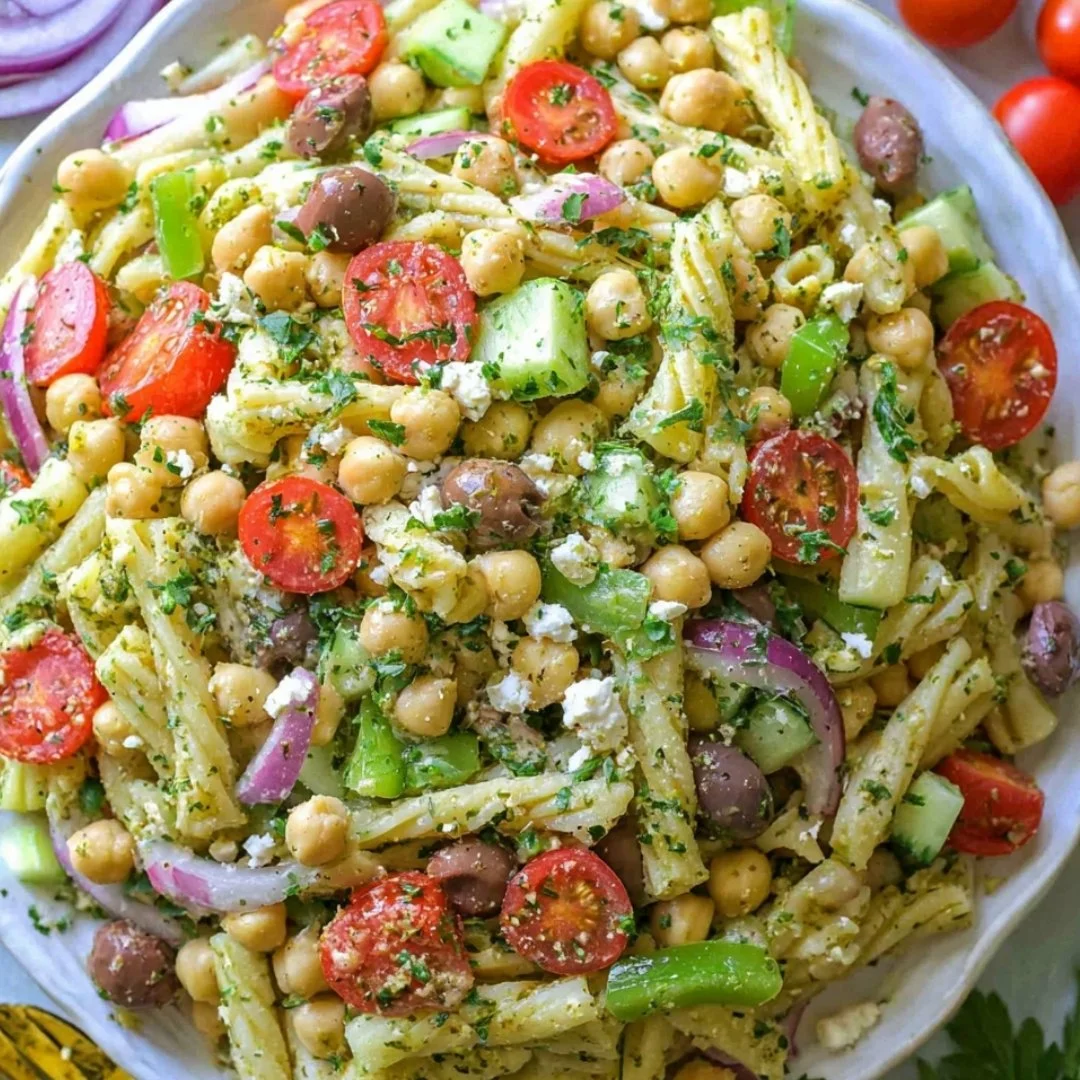 Colorful Greek Pasta Salad with veggies, feta cheese, and dressing