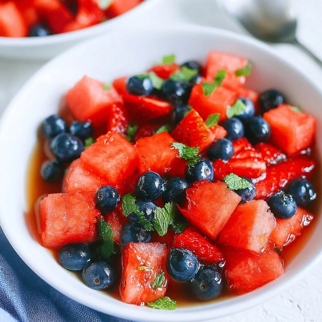Honey Lime Mint Watermelon Berry Fruit Salad in a bowl
