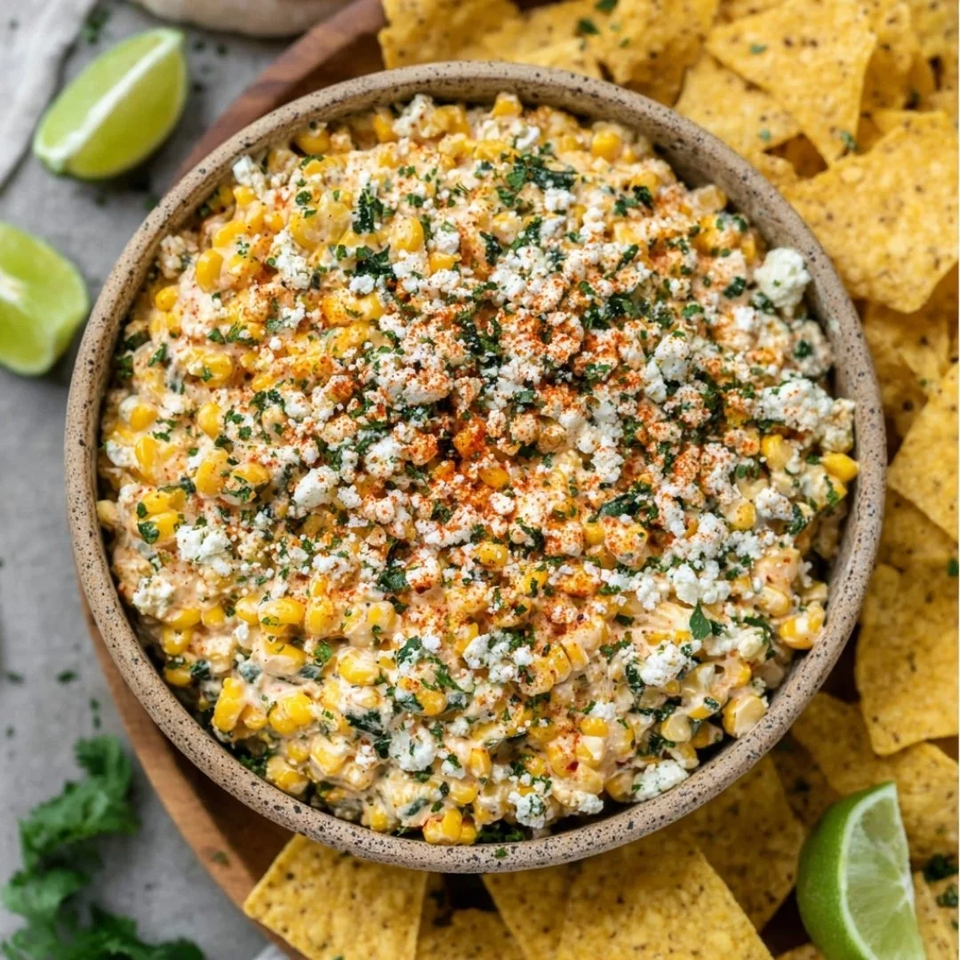 Delicious Mexican Street Corn Dip served in a bowl with toppings