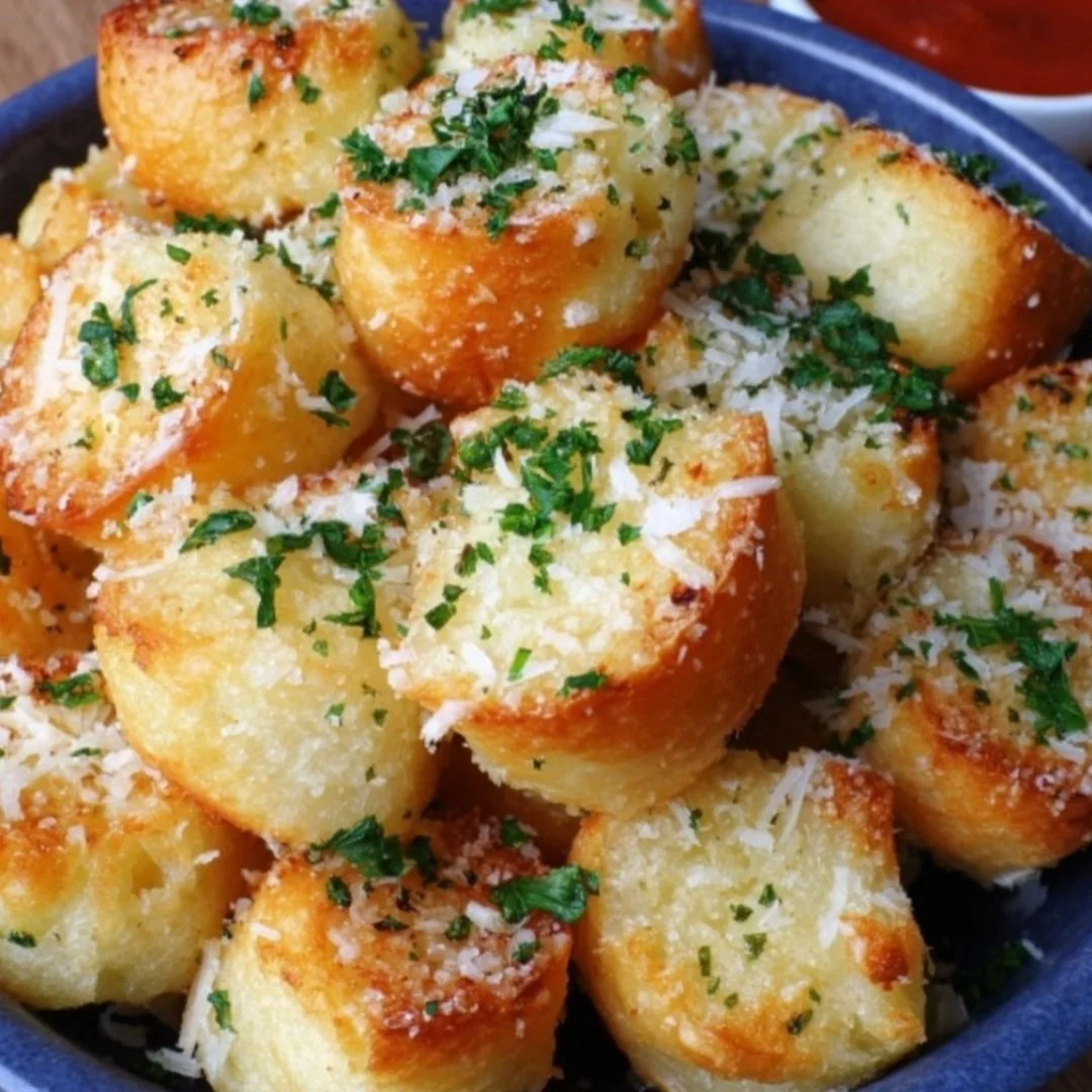 Plate of delicious Parmesan Bread Bites served warm with herbs.