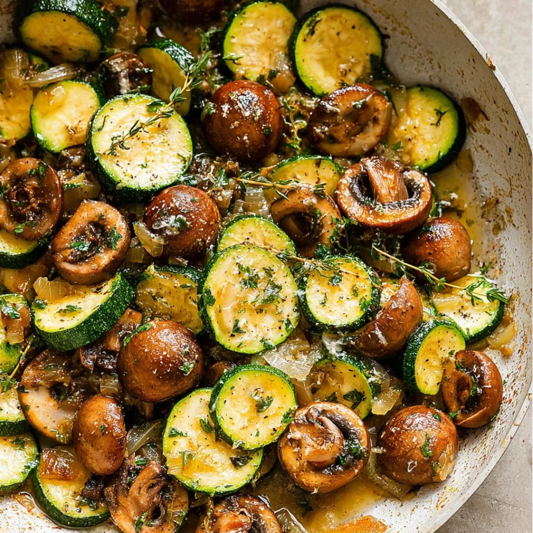 Delicious skillet zucchini and mushrooms dish ready to serve.