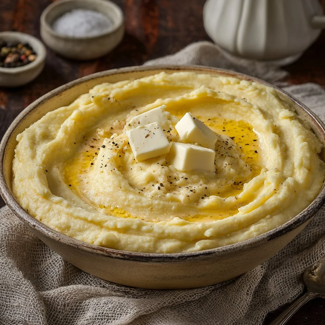 Delicious smoked gouda cheesy mashed potatoes ready to serve