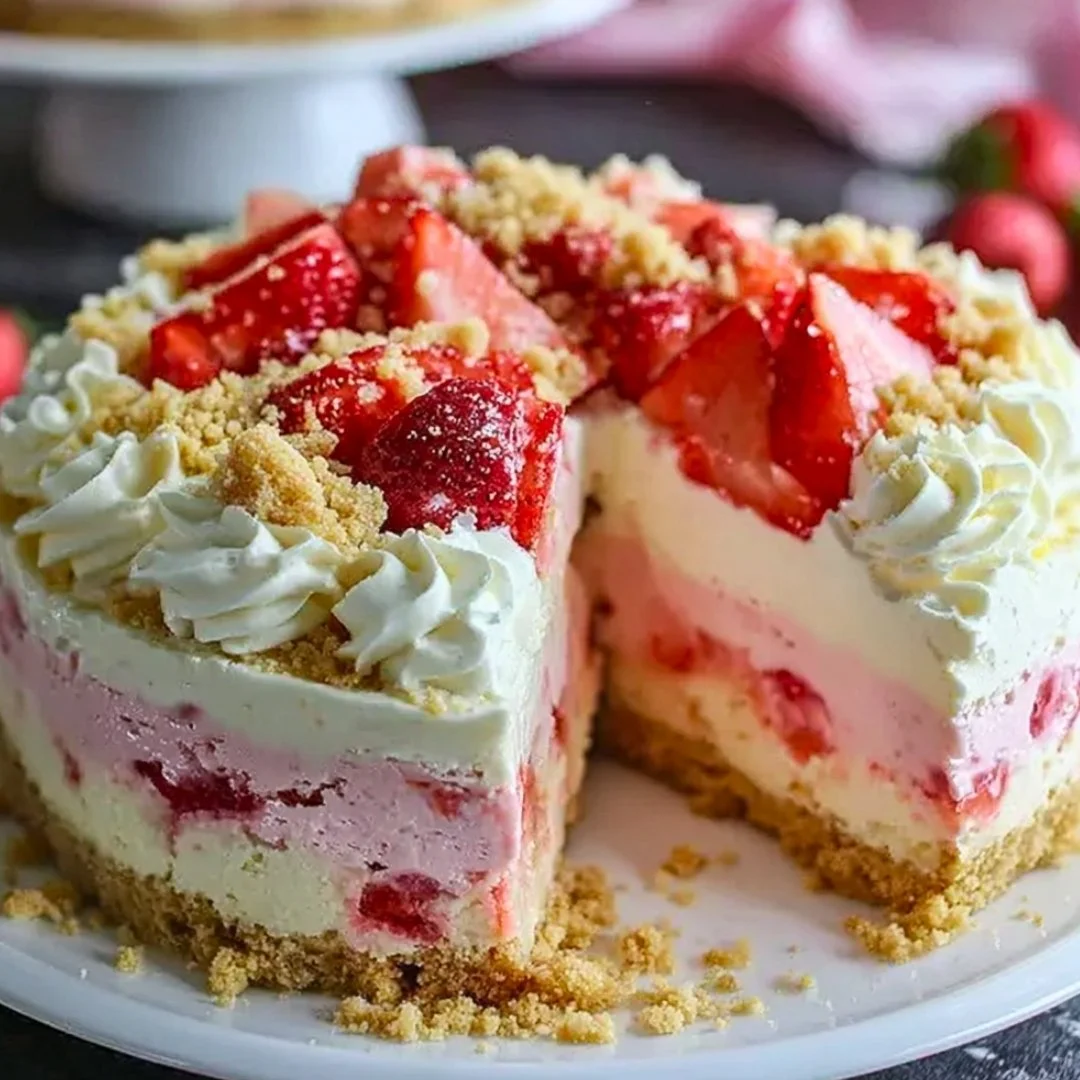 Delicious strawberry crunch cheesecake topped with strawberry pieces and a crunchy layer