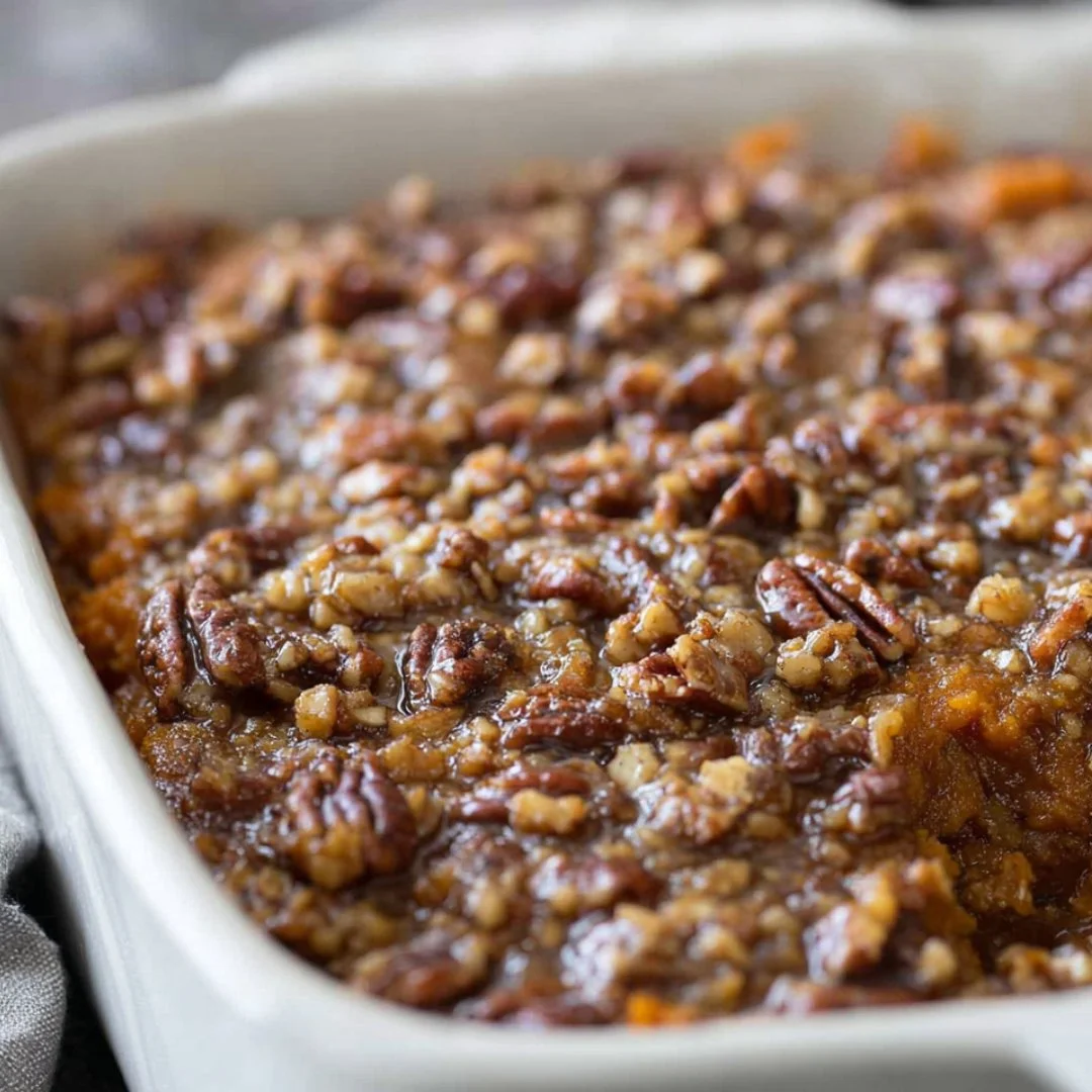 Sweet Potato Crunch Recipe featuring baked sweet potatoes with crunchy topping